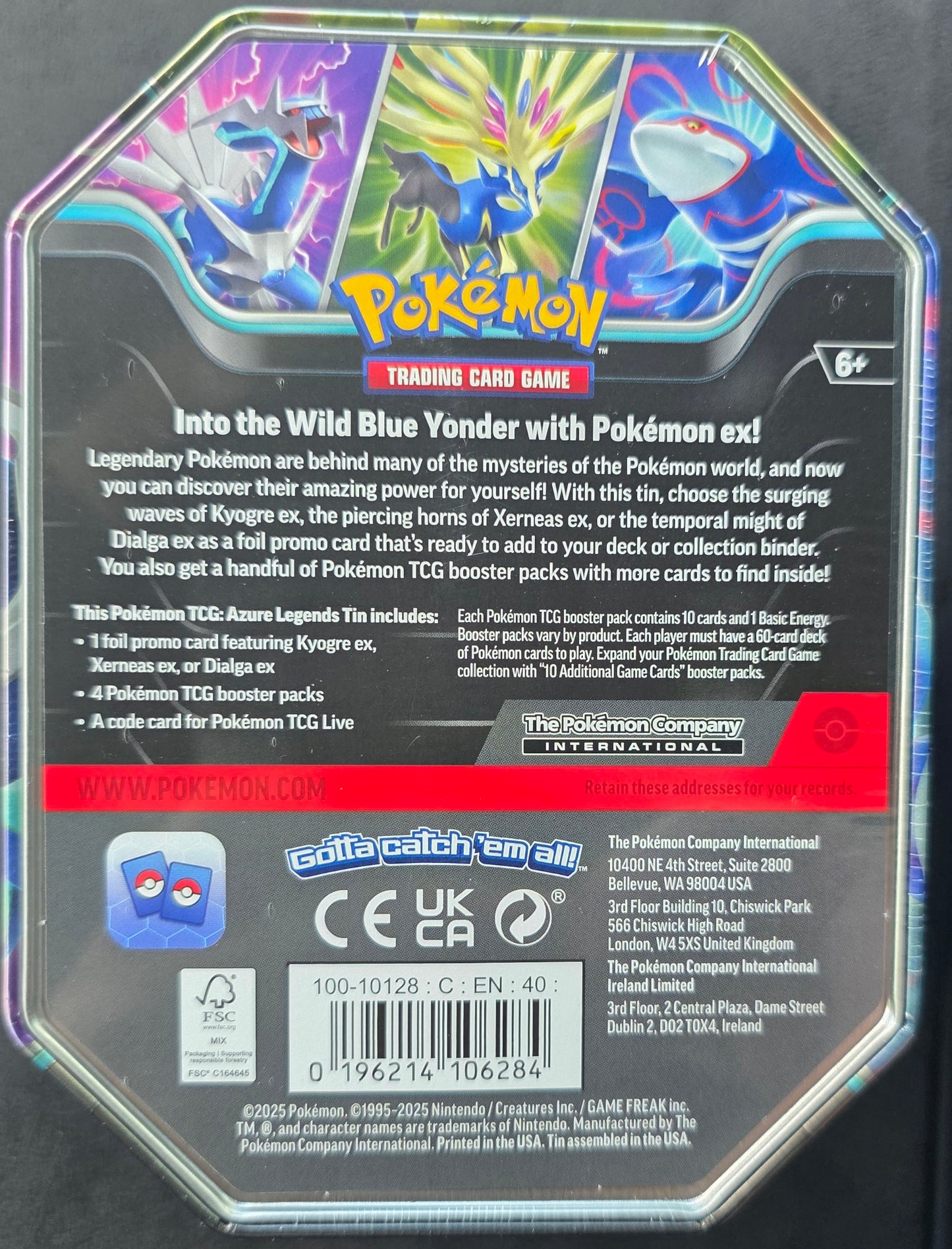 Pokémon TCG: Azure Legends Tin – Kyogre ex (4 Booster Packs & 1 Foil Promo Card)