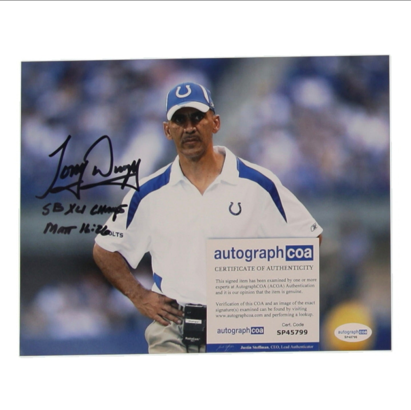 Tony Dungy Signed Colts 8X10 Photo Inscribed "SBXLI CHAMPS" (ACOA)